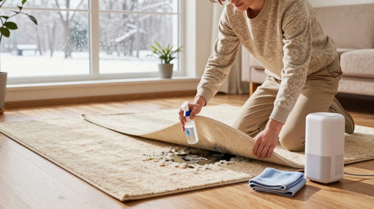 Pessoa aplicando spray em manchas sob tapete bege em sala iluminada com janela grande e plantas.