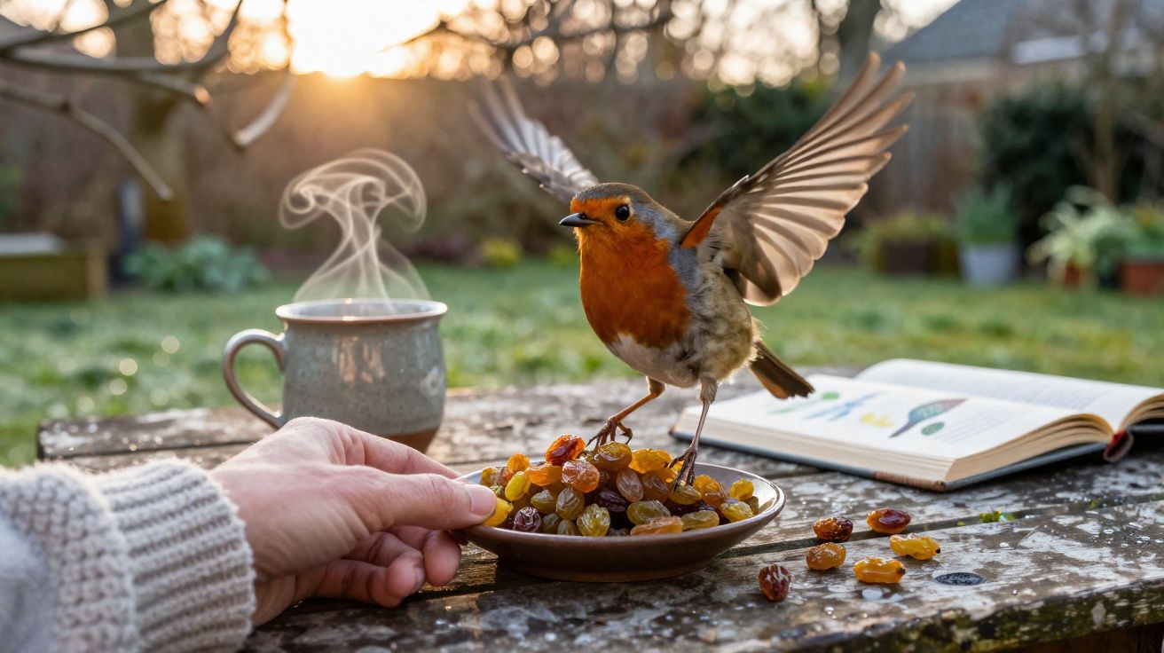 Pássaro pousado em prato com frutas secas, mão humana segurando prato, xícara de café e livro ao fundo.