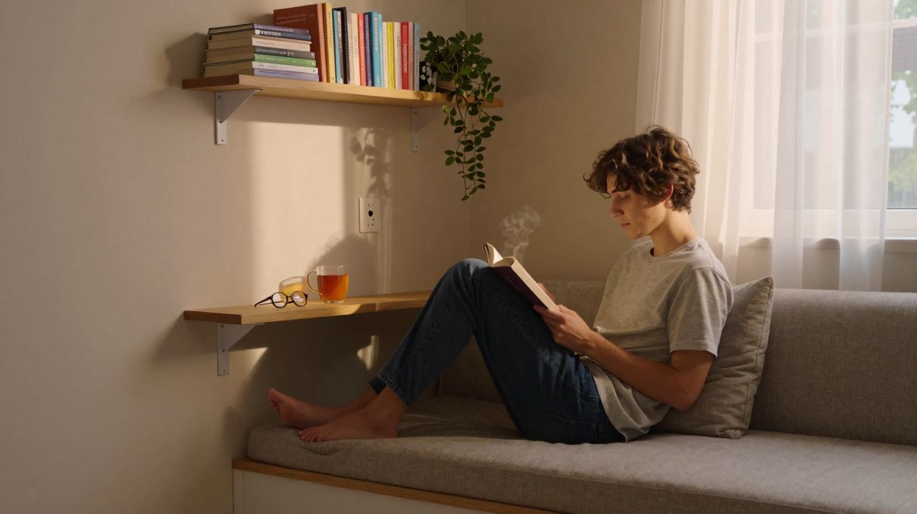 Pessoa lendo livro sentada em sofá próximo a janela com xícara de chá e livros em prateleira.