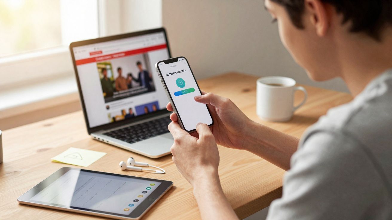 Pessoa atualizando software no celular em mesa com laptop, tablet, fones e caneca branca.