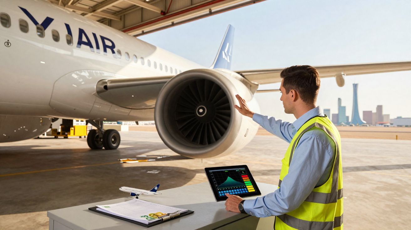 Técnico inspecionando turbina de avião com tablet na mão em hangar de aeroporto ao ar livre.