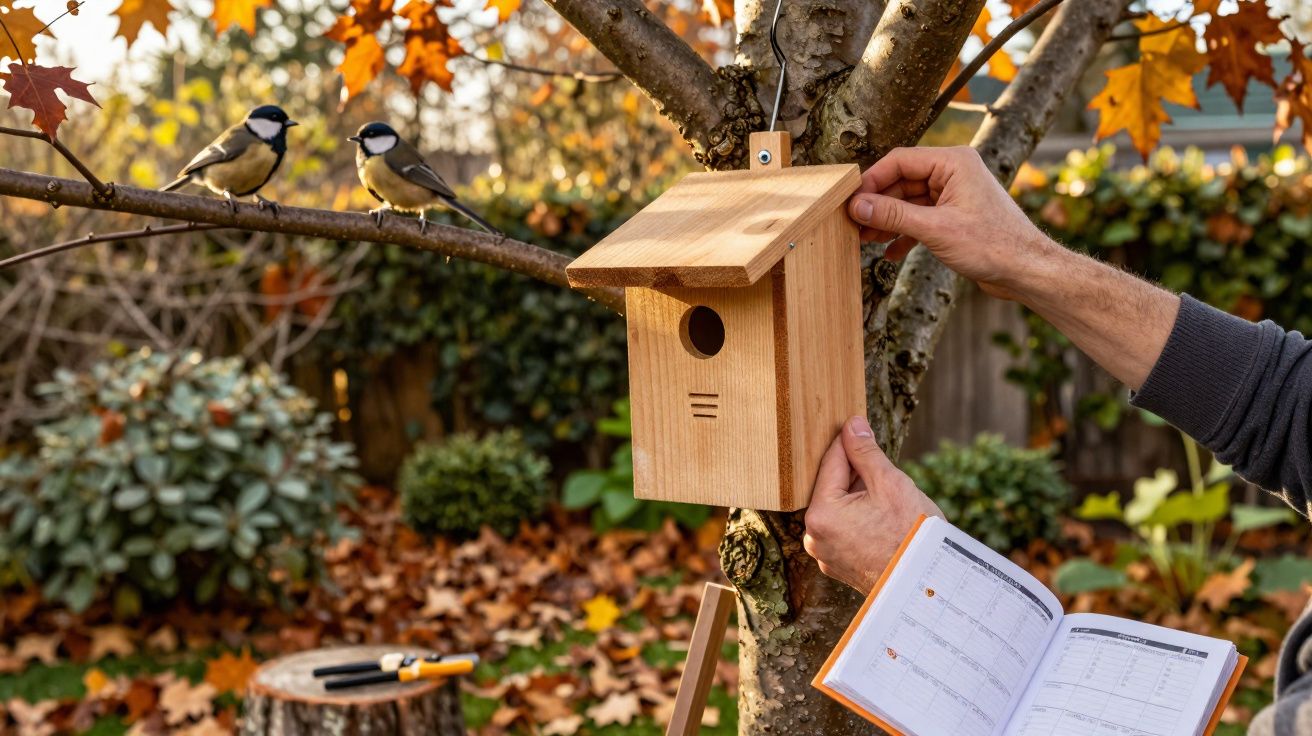 Pessoa instalando uma casinha de passarinho em árvore durante outono, com dois pássaros próximos no galho.