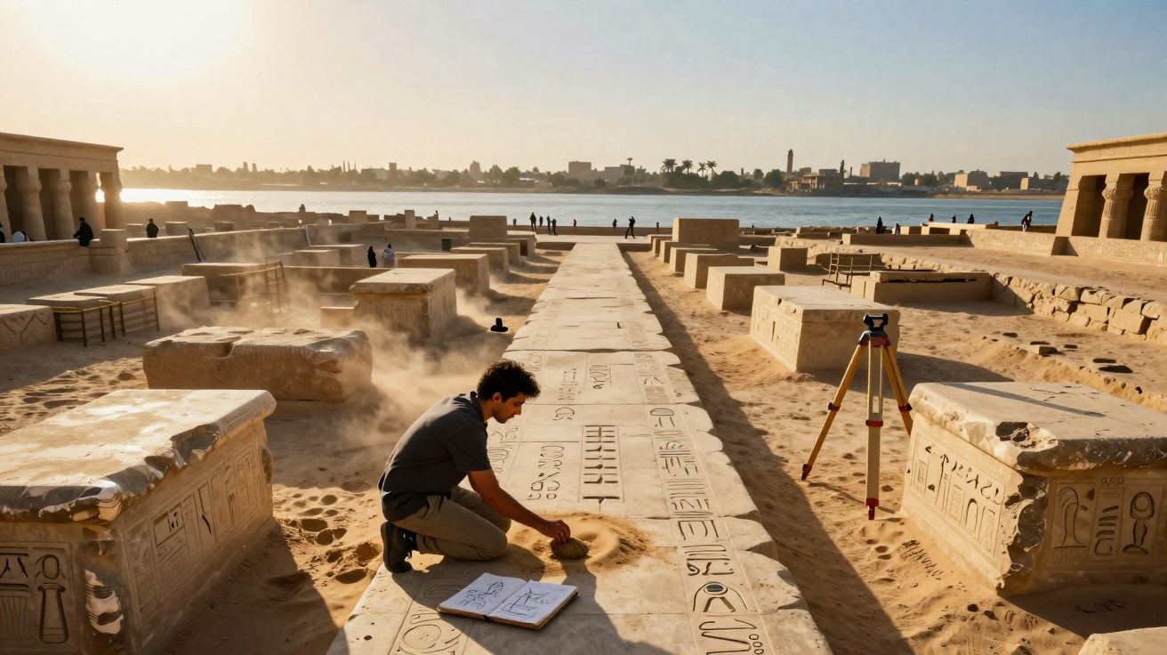 Arqueólogo examina inscrições em pedra antiga em sítio arqueológico próximo a um rio ao pôr do sol.