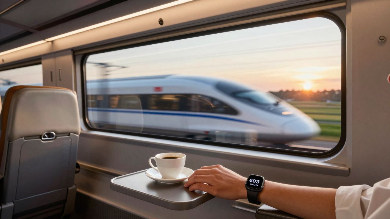 Interior de trem moderno com mesa, xícara de café, mão com smartwatch e outro trem passando na janela ao pôr do sol.
