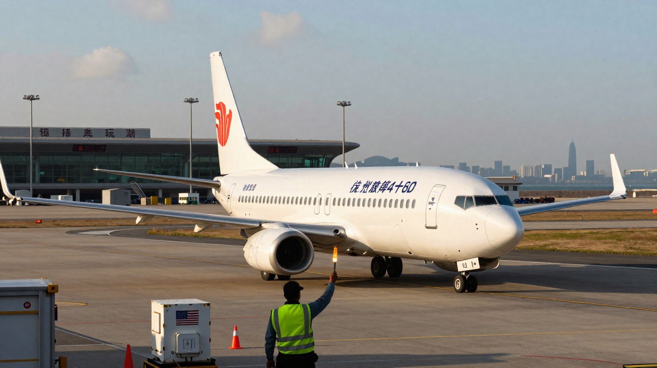 Avião branco de passageiros taxiando no aeroporto com funcionário sinalizando no pátio ao entardecer.