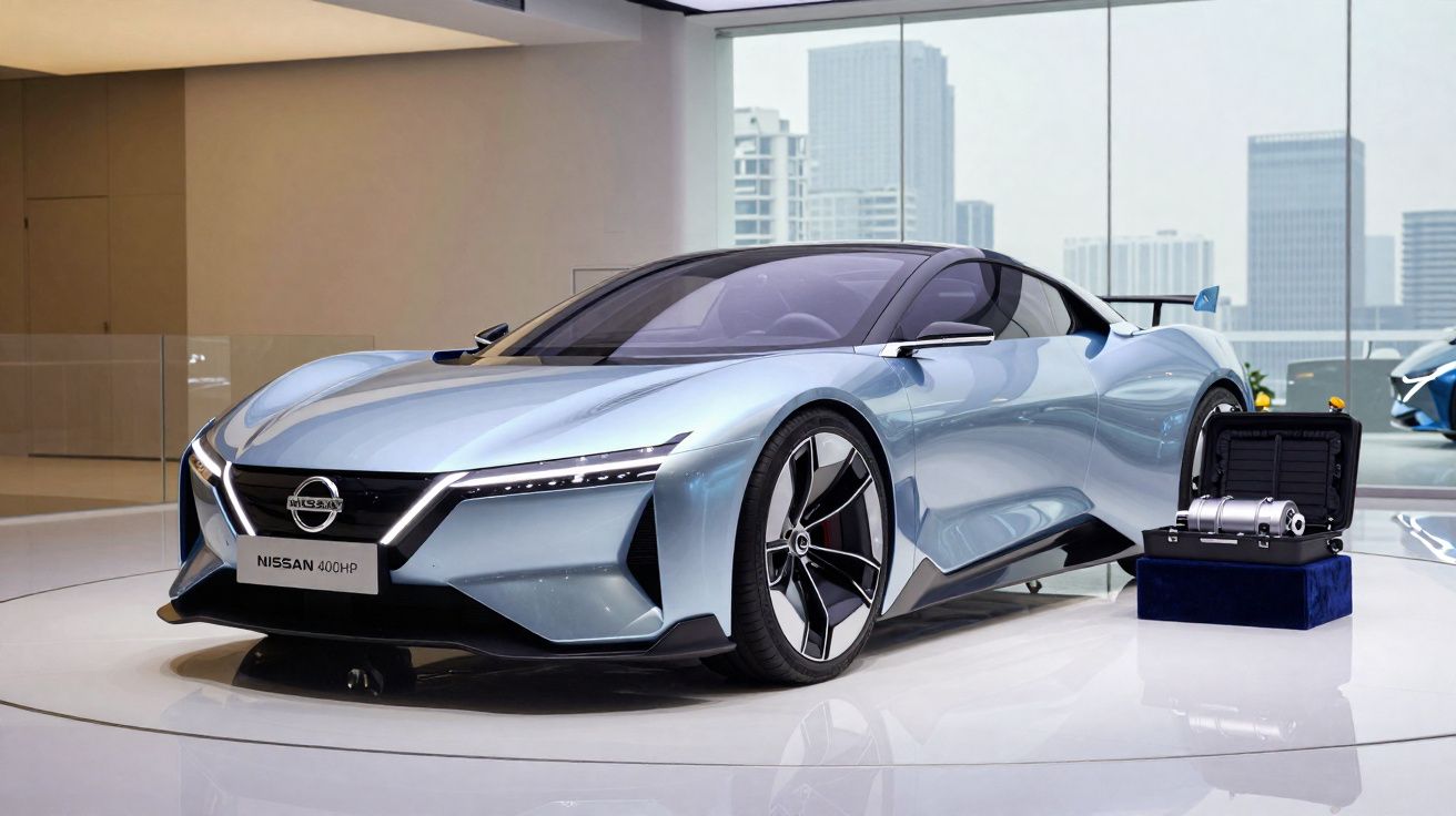 Carro esportivo Nissan conceitual prateado exibido em vitrine moderna com item tecnológico ao lado.