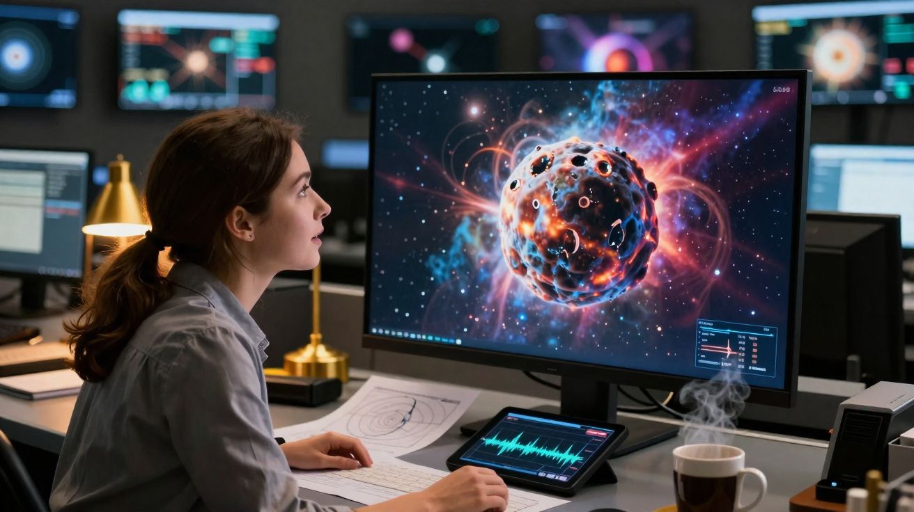 Mulher jovem observa imagem de planeta ou asteroide em monitor em ambiente de trabalho com tecnologia avançada.