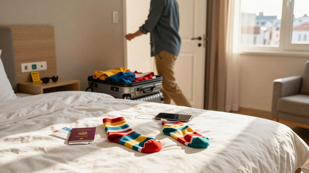 Meias coloridas, passaporte e celular sobre cama em quarto de hotel com pessoa ao fundo.