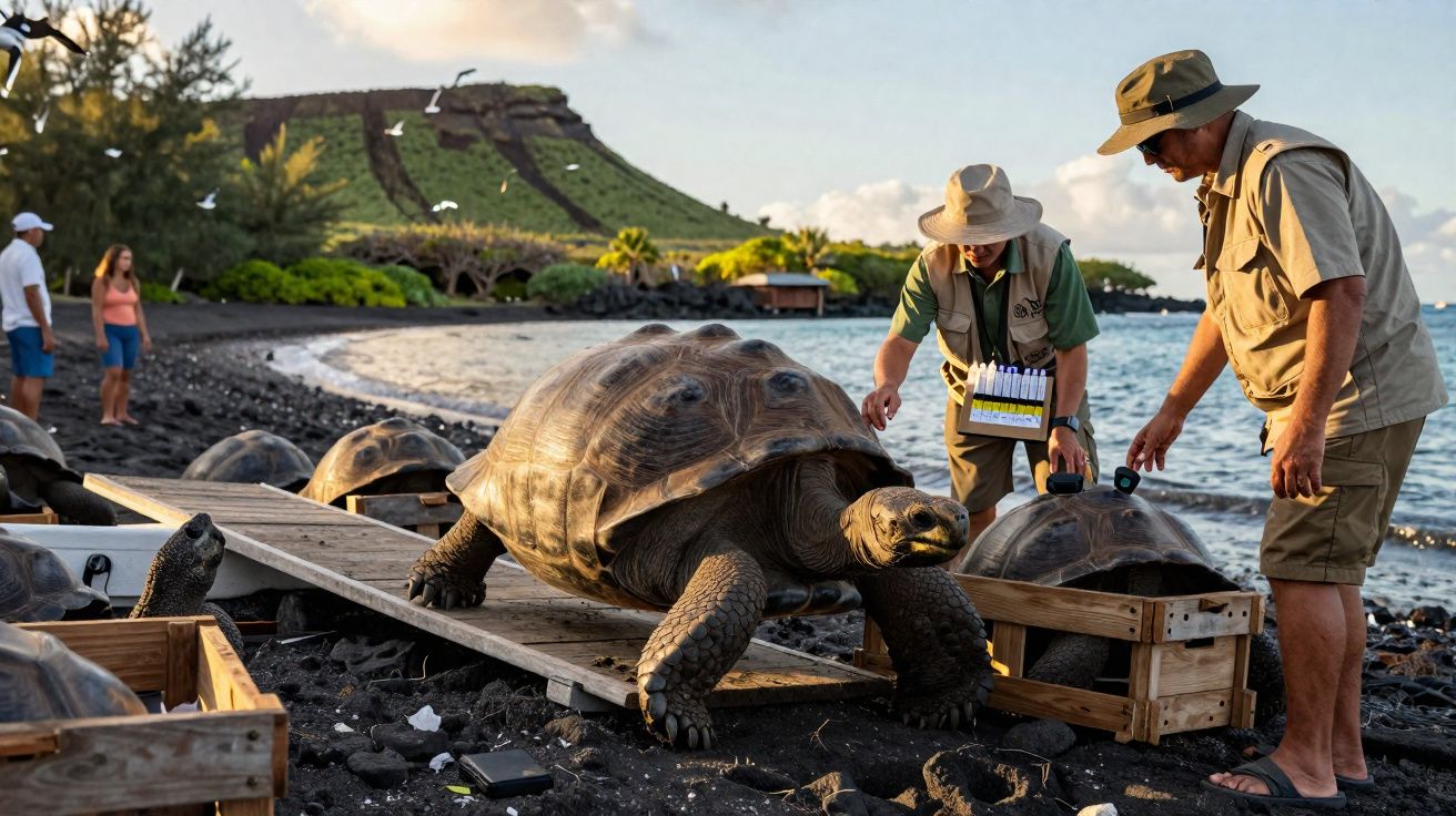 Tartarugas gigantes sendo monitoradas por pesquisadores em praia com areia preta e vegetação ao fundo.