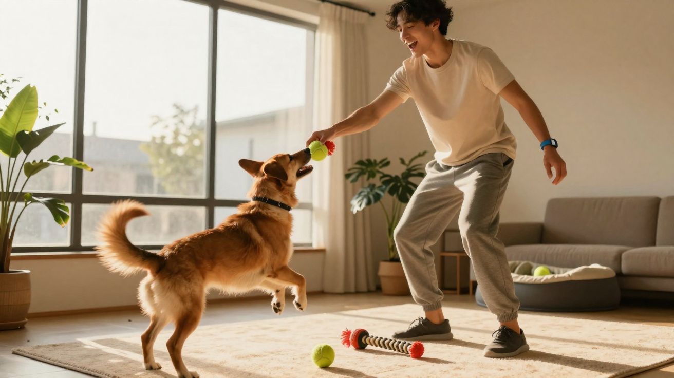 Jovem brincando dentro de casa com cachorro que segura bola de tênis na boca.