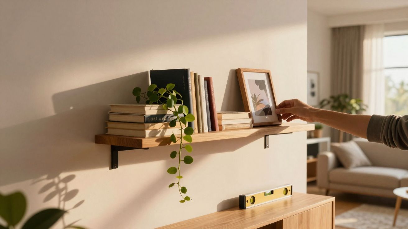 Prateleira de madeira na parede com livros, planta pendente e quadro decorativo sendo ajustado por uma mão.