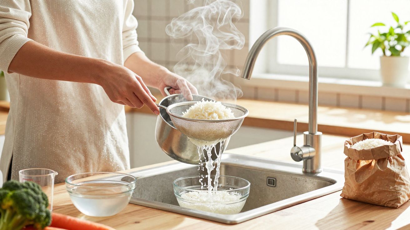 Pessoa escorrendo arroz cozido em peneira sobre pia de cozinha iluminada por luz natural.