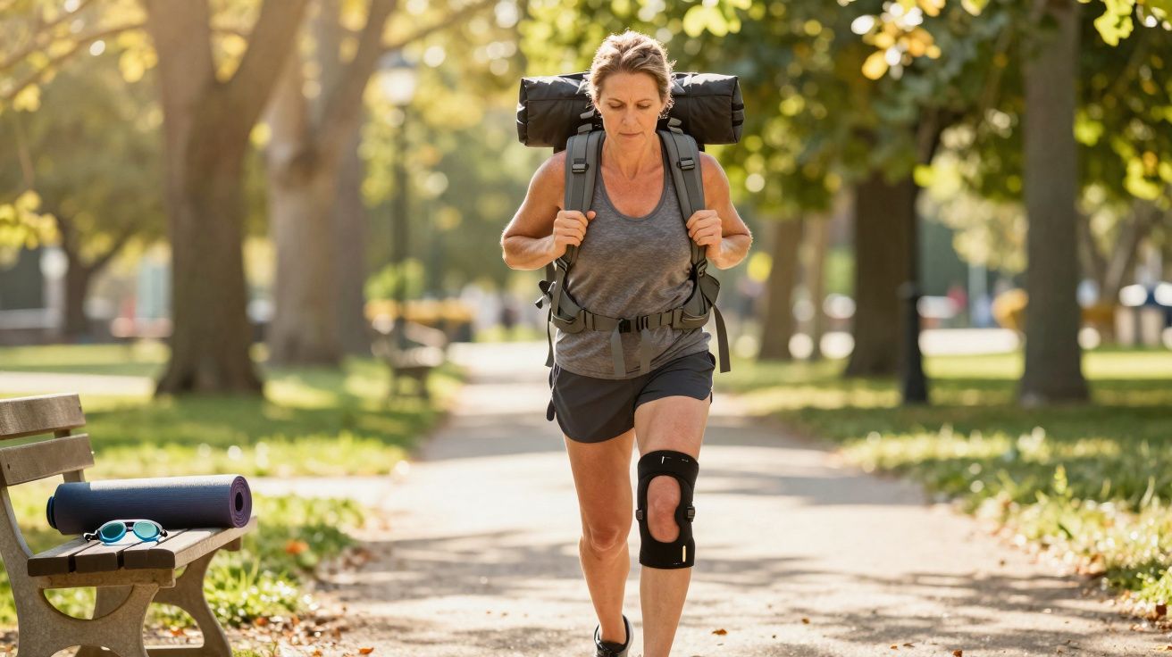 Mulher com mochila e joelheira caminhando em parque ensolarado, banco com tapete e óculos ao lado.