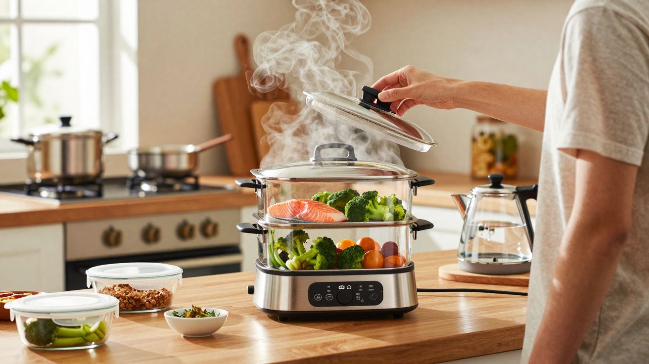 Pessoa tampando vaporizador elétrico com legumes e salmão cozinhandos em cozinha moderna.