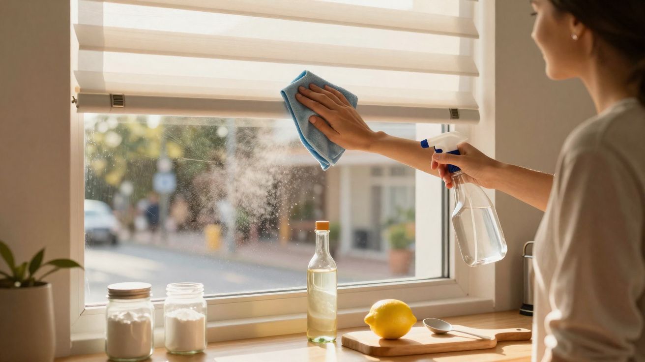 Pessoa limpando a janela da cozinha com pano azul e borrifador, próximo a limão e frascos sobre o balcão.