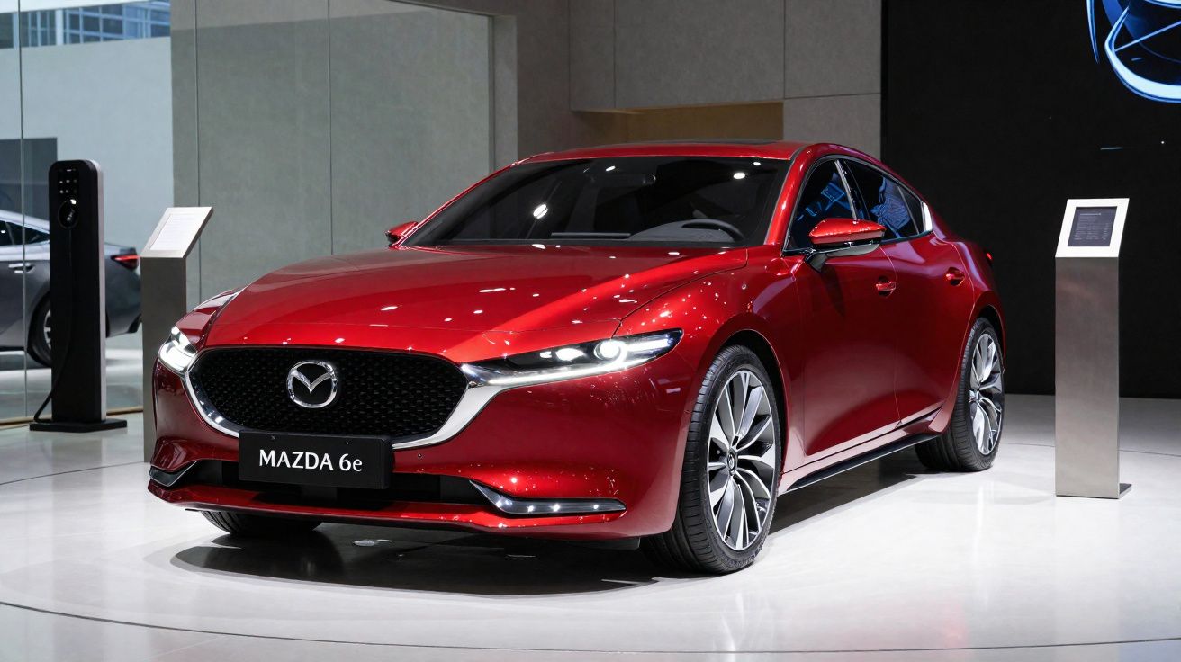 Carro Mazda 6e vermelho em exposição em showroom moderno, com iluminação refletida na lataria.