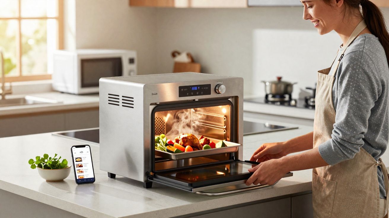 Mulher retira assado com legumes de forno elétrico moderno em cozinha clara e organizada.
