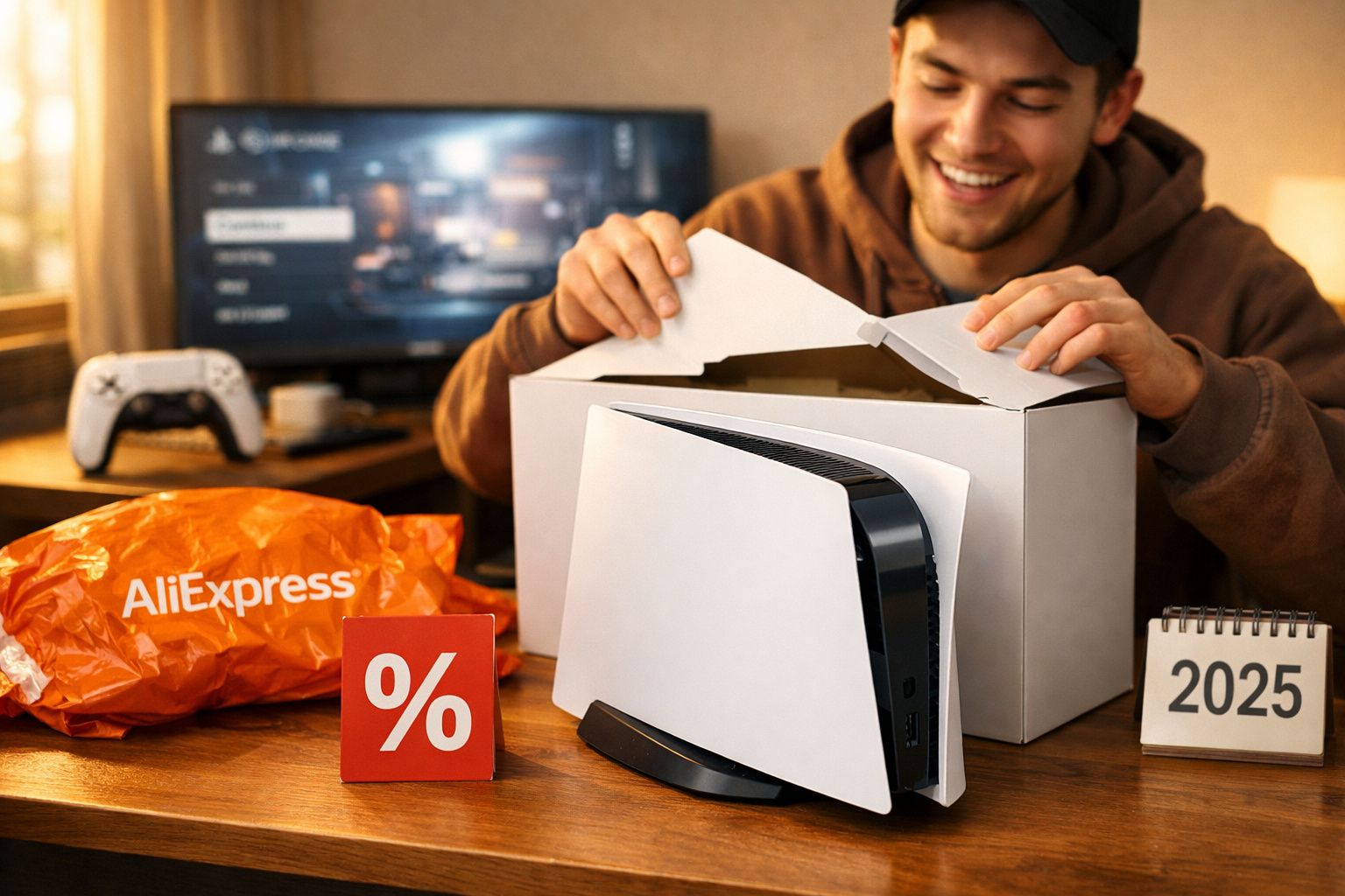 Homem sorrindo desembalando console de videogame PlayStation 5 nova compra com sacola AliExpress e calendário 2025.