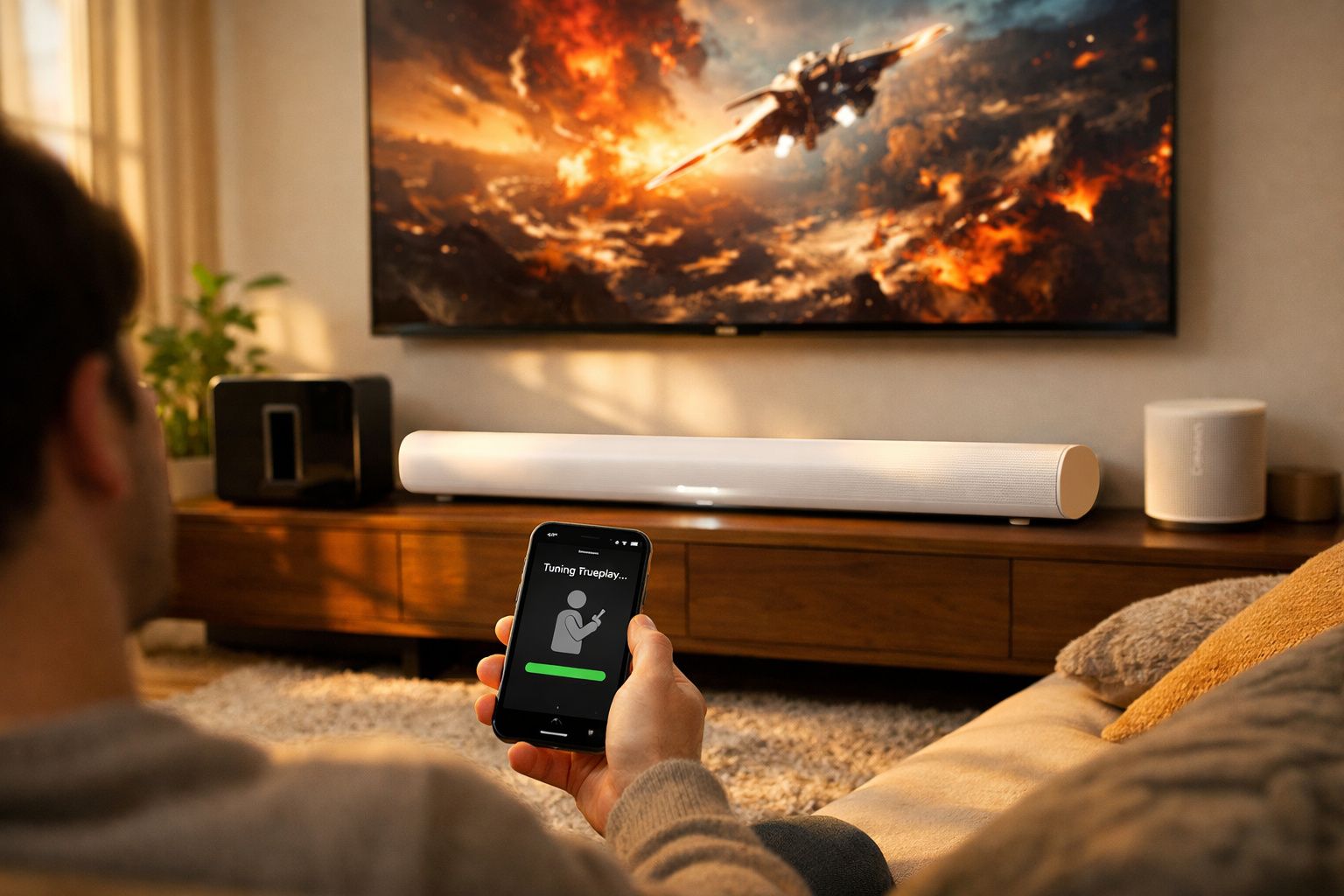 Pessoa segurando smartphone com aplicativo de som aberto, à frente de uma soundbar branca em sala de estar.