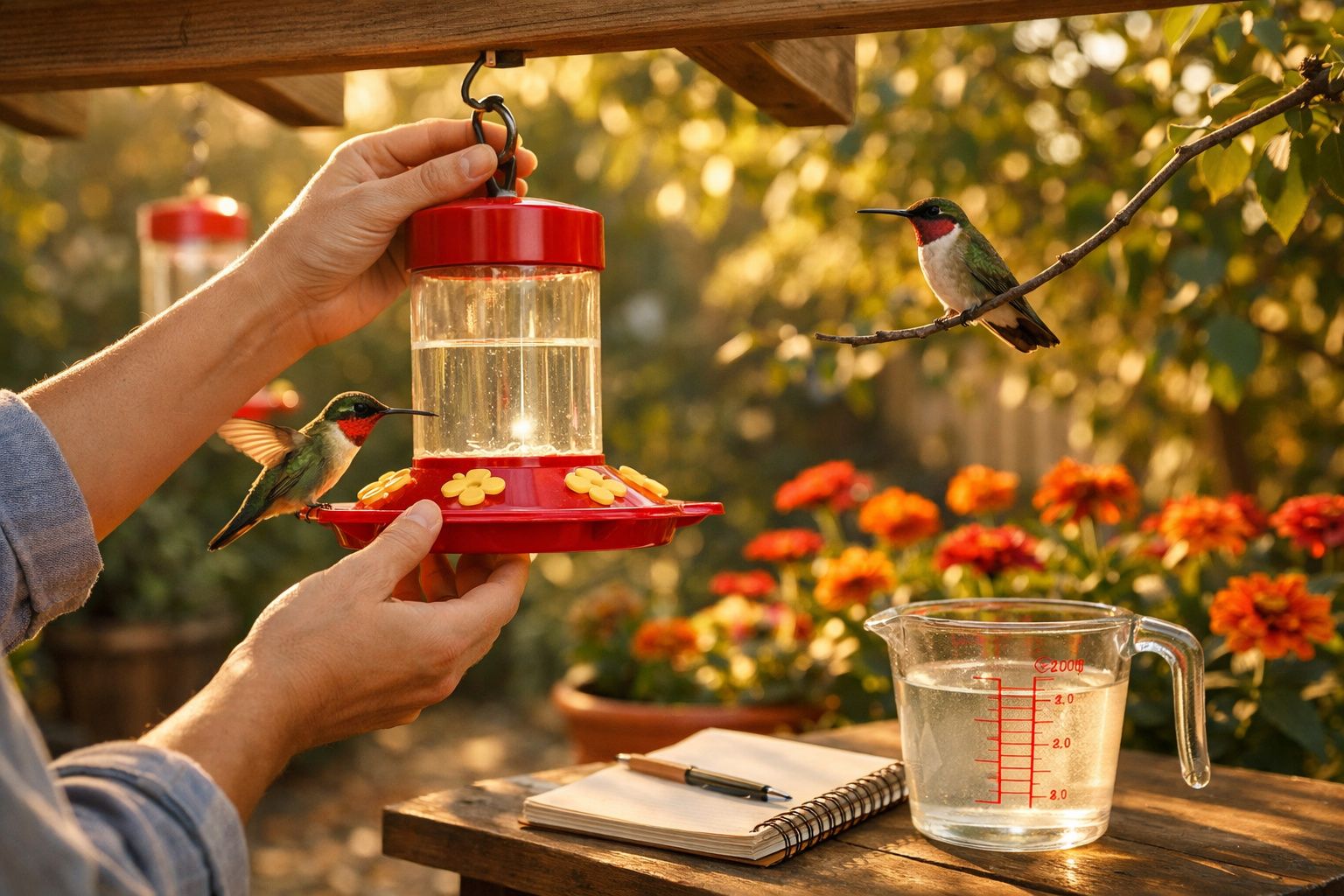 Pessoa alimentando beija-flor em comedouro vermelho cercado de flores e caderno em mesa ao ar livre.