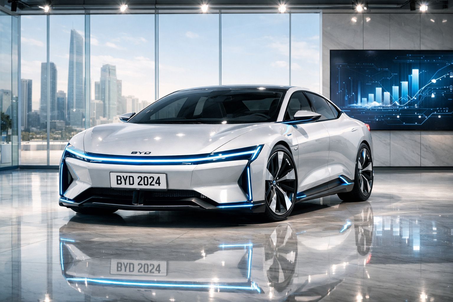 Carro esportivo elétrico BYD 2024 branco em showroom moderno com fachada de vidro e painel digital azul.