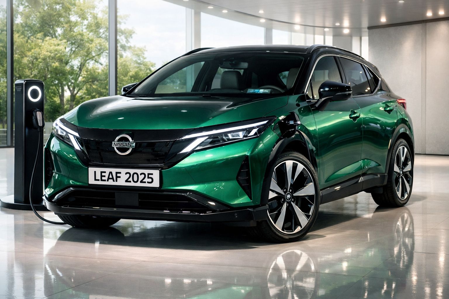 Carro elétrico Nissan Leaf 2025 verde conectado a carregador em ambiente interno moderno.