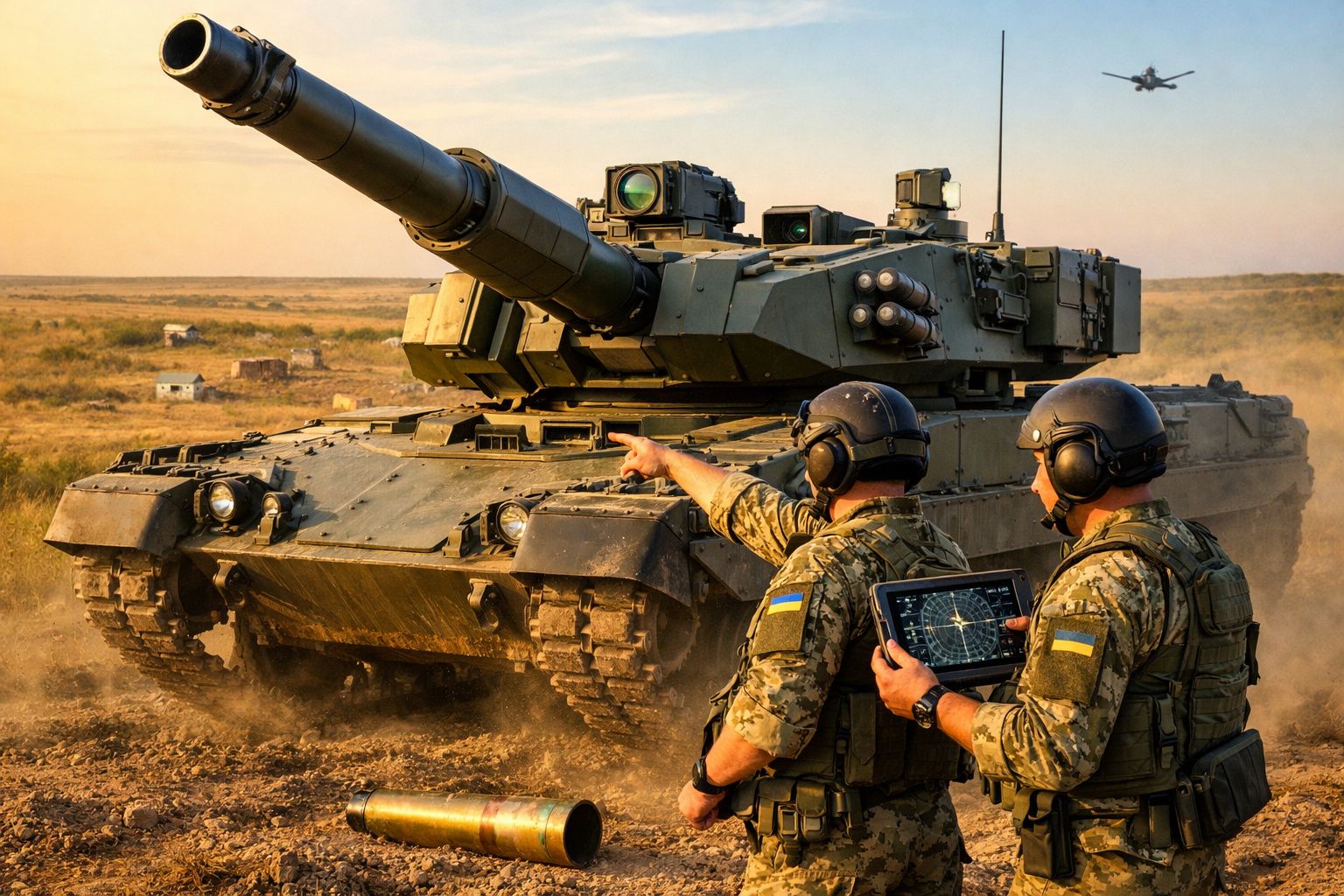 Soldados militares ucranianos com capacetes e tablet próximo a um tanque de guerra em terreno aberto ao pôr do sol.