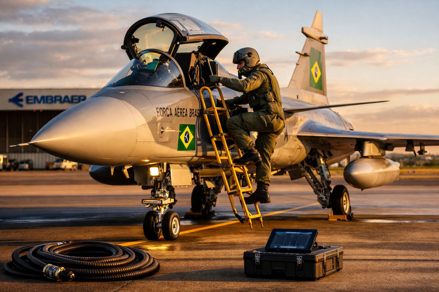 Piloto da Força Aérea Brasileira subindo em caça no pátio da Embraer ao entardecer.