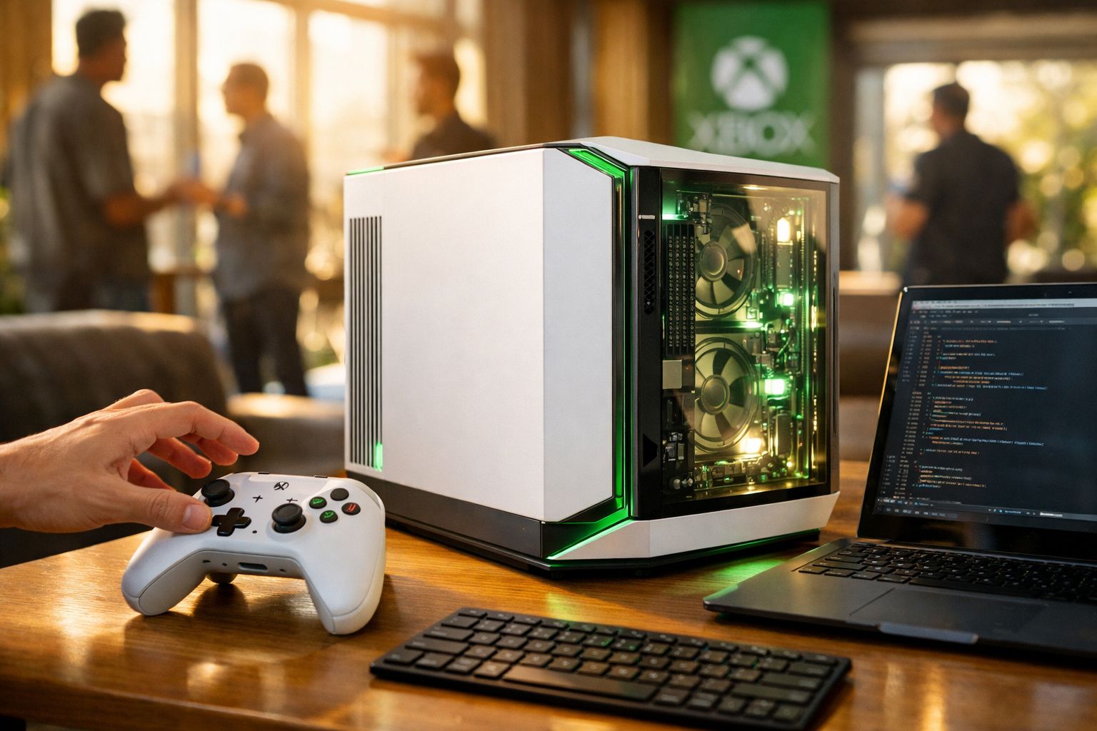 Computador gamer branco com iluminação verde, controle Xbox e notebook com programação na tela.
