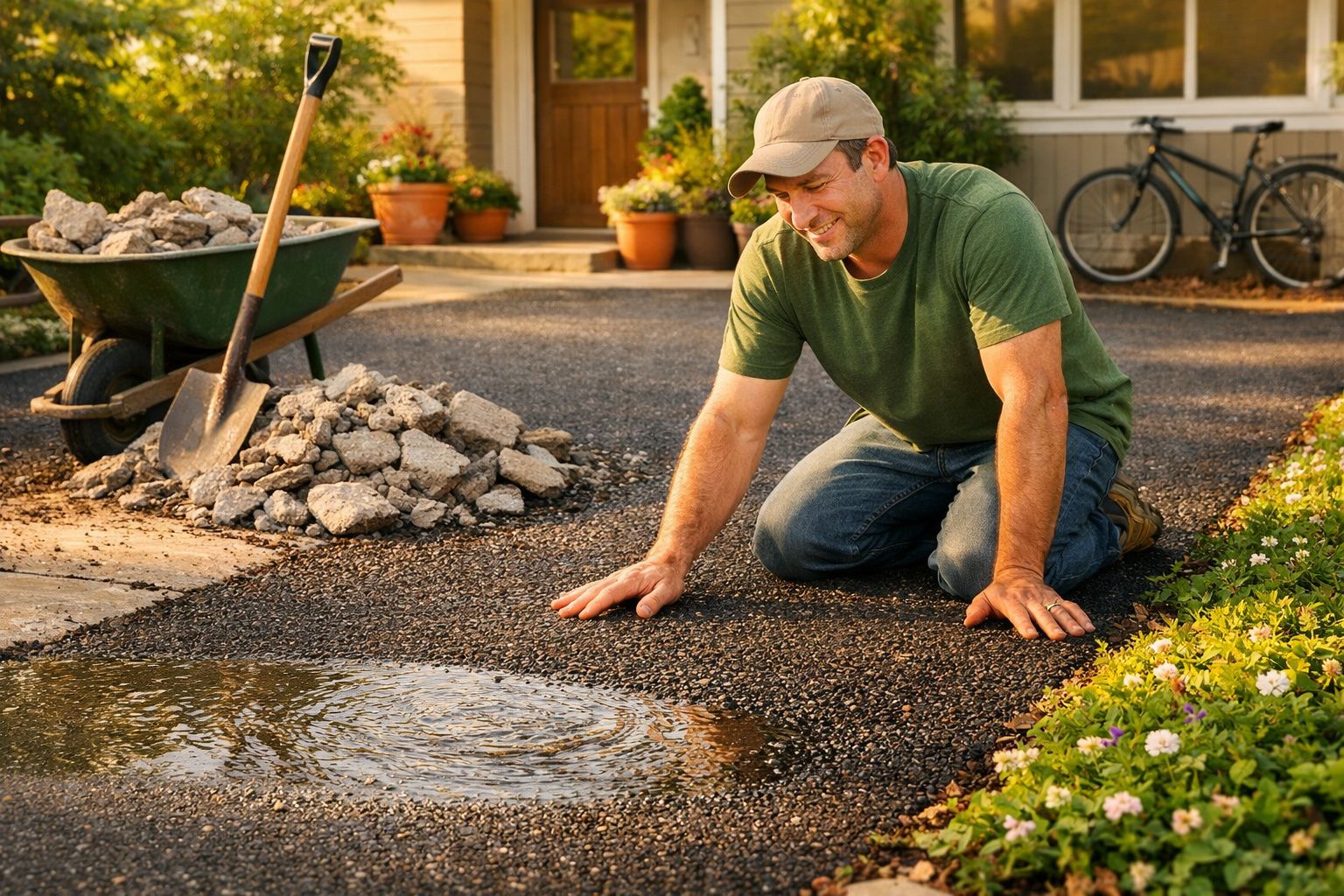 Homem sorridente ajoelhado ao lado de poça d'água em calçada com carrinho de mão e pedras.