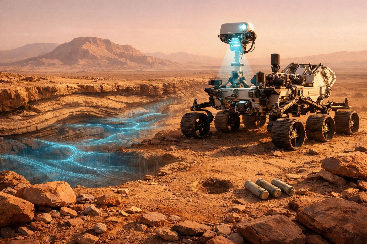 Rover explorando terreno árido e rochoso com montanhas ao fundo e luz azul simulando fluxo de dados.