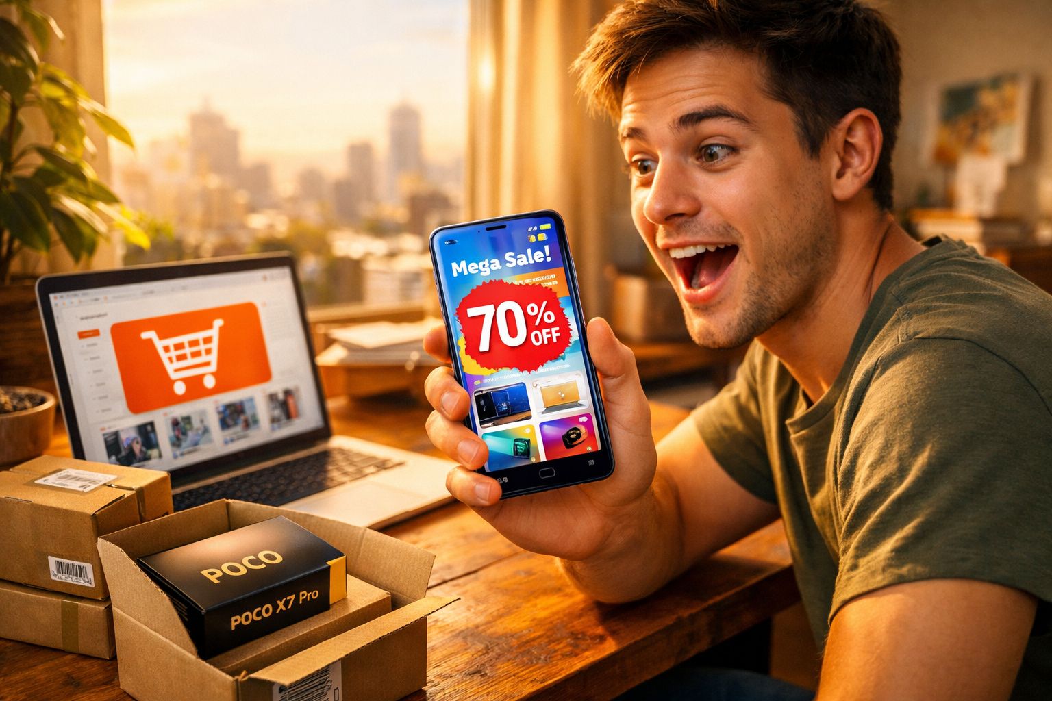 Homem animado mostra celular com desconto de 70% em promoção, laptop e caixas ao fundo.