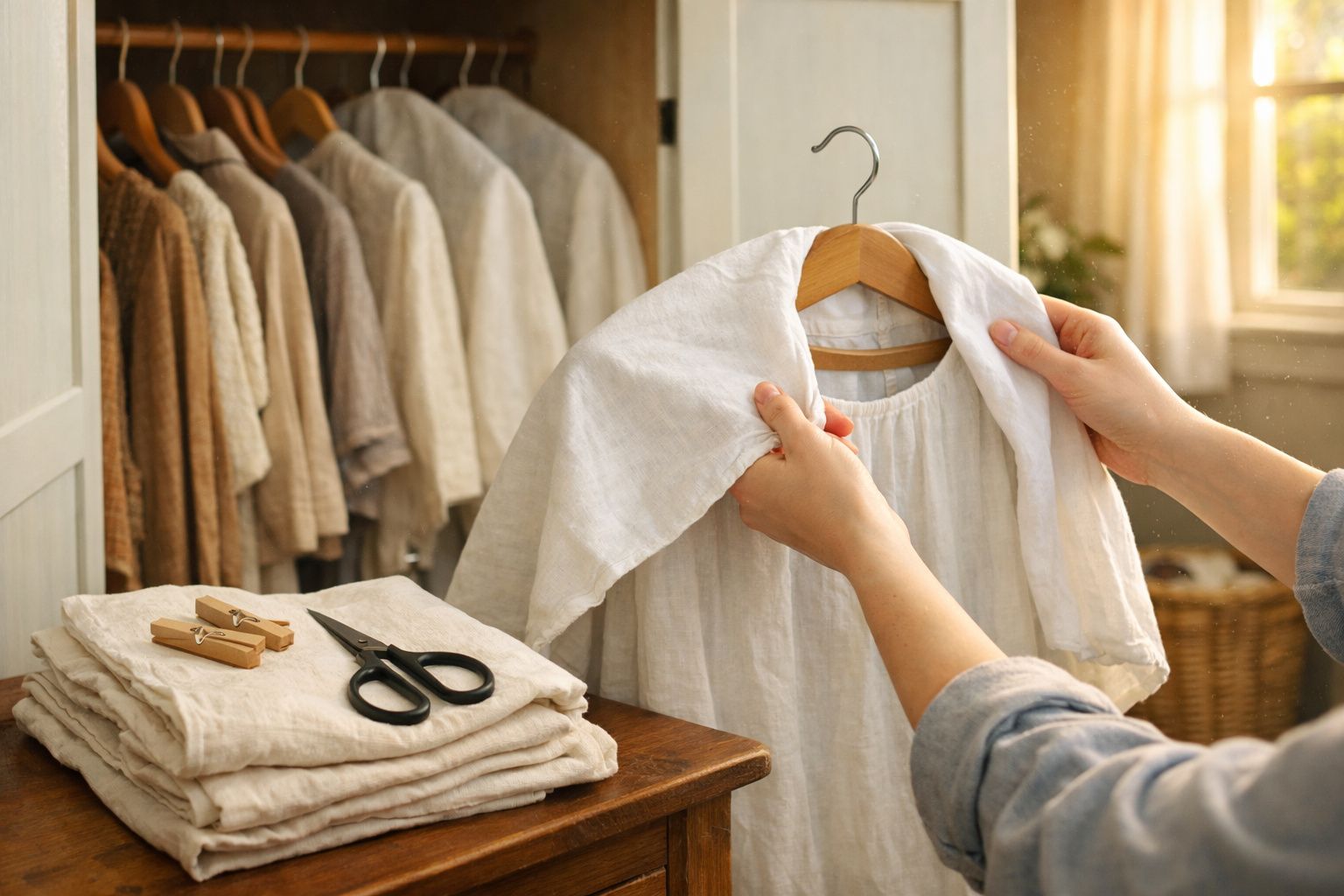Mãos segurando vestido branco de linho em cabide, com roupas penduradas e dobradas ao fundo.