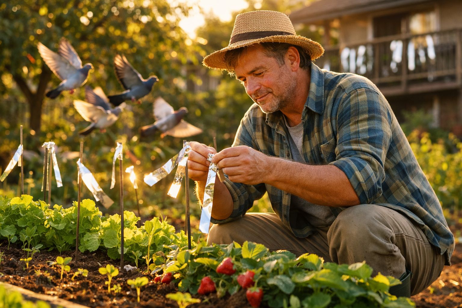Homem com chapéu coloca fitas refletivas em estacas no jardim para afastar os pássaros durante o pôr do sol.