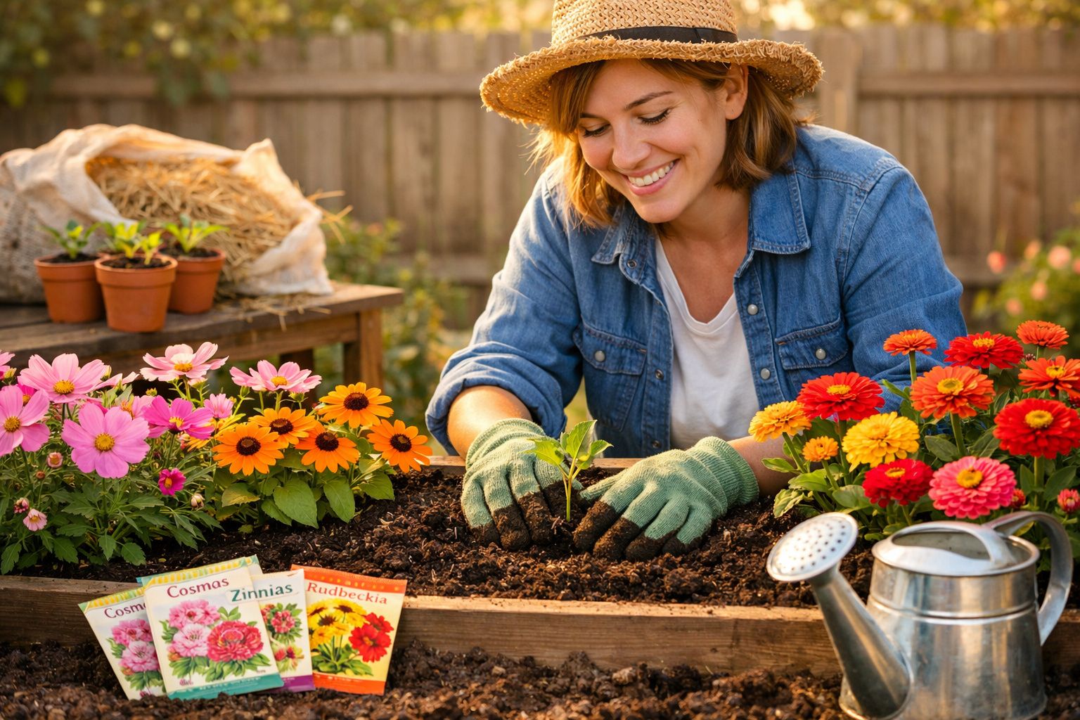 Mulher sorrindo e plantando muda em canteiro cercado por flores coloridas e utensílios de jardinagem.