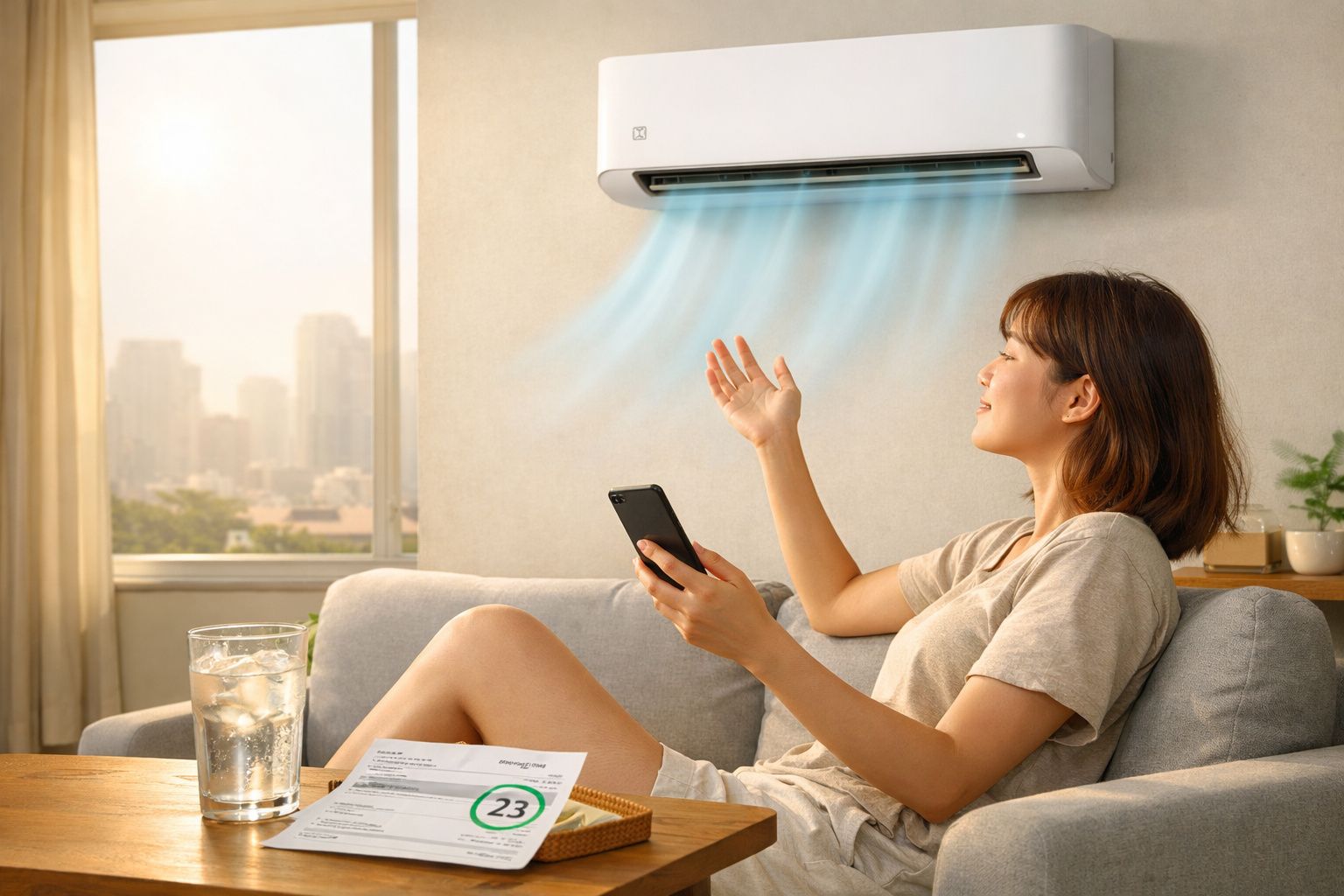 Mulher sentada no sofá acionando ar-condicionado com controle remoto em sala iluminada.