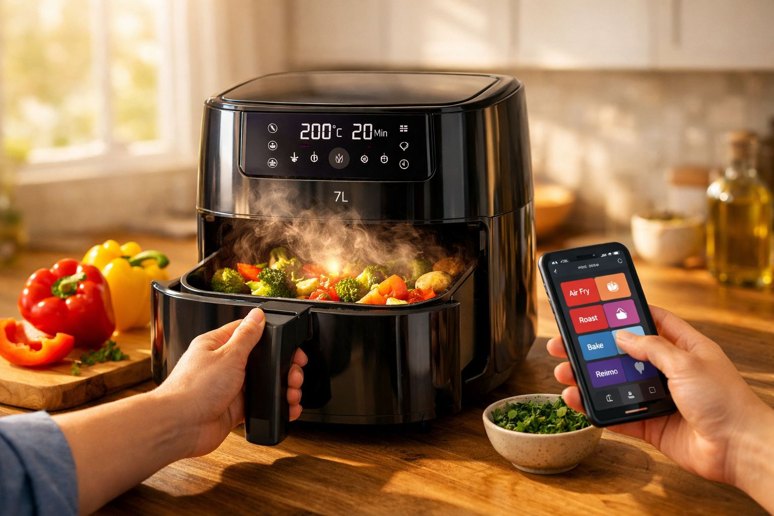 Pessoa retirando alimentos cozidos na air fryer preta, com smartphone controlando funções, em cozinha iluminada.