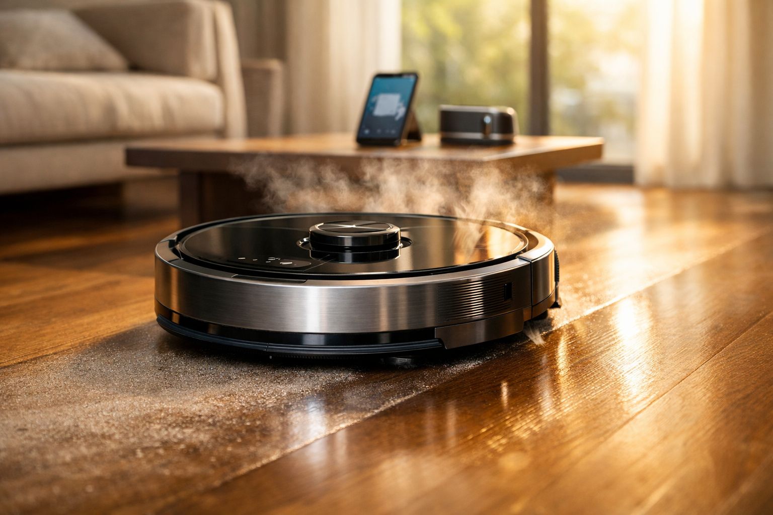 Robô aspirador limpando chão de madeira numa sala iluminada com vapor saindo do aparelho.