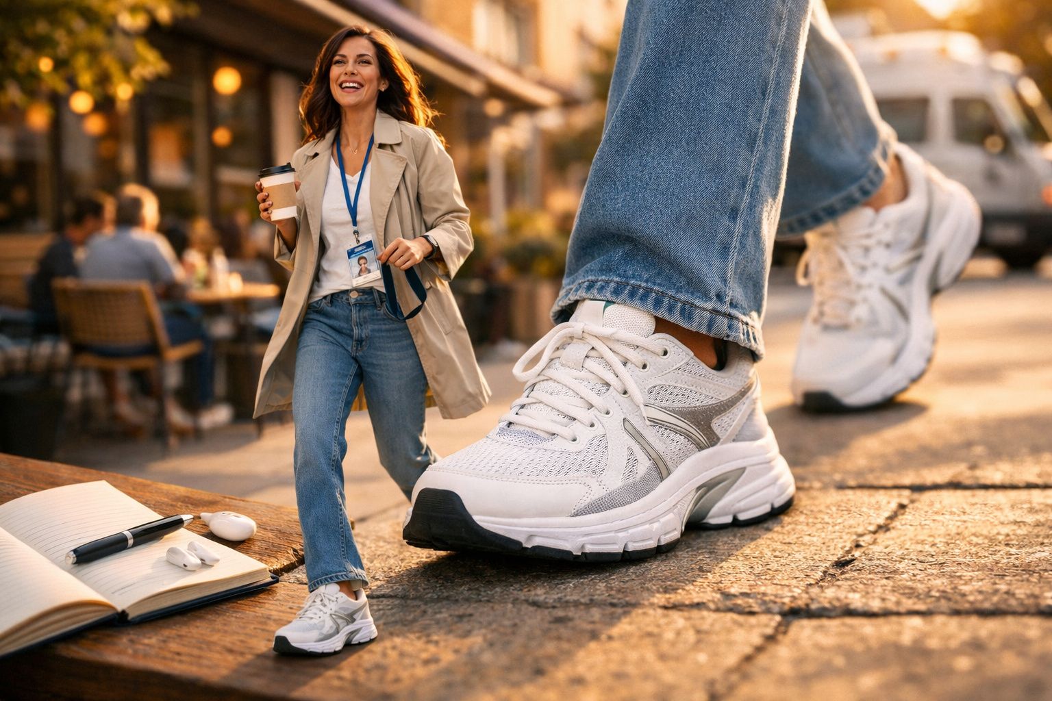 Mulher sorridente caminhando com tênis branco em uma rua ensolarada ao ar livre, perto de caderno e fones.