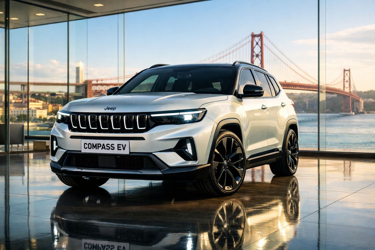 Jeep Compass EV branco estacionado em ambiente interno com vista para ponte suspensa ao fundo.