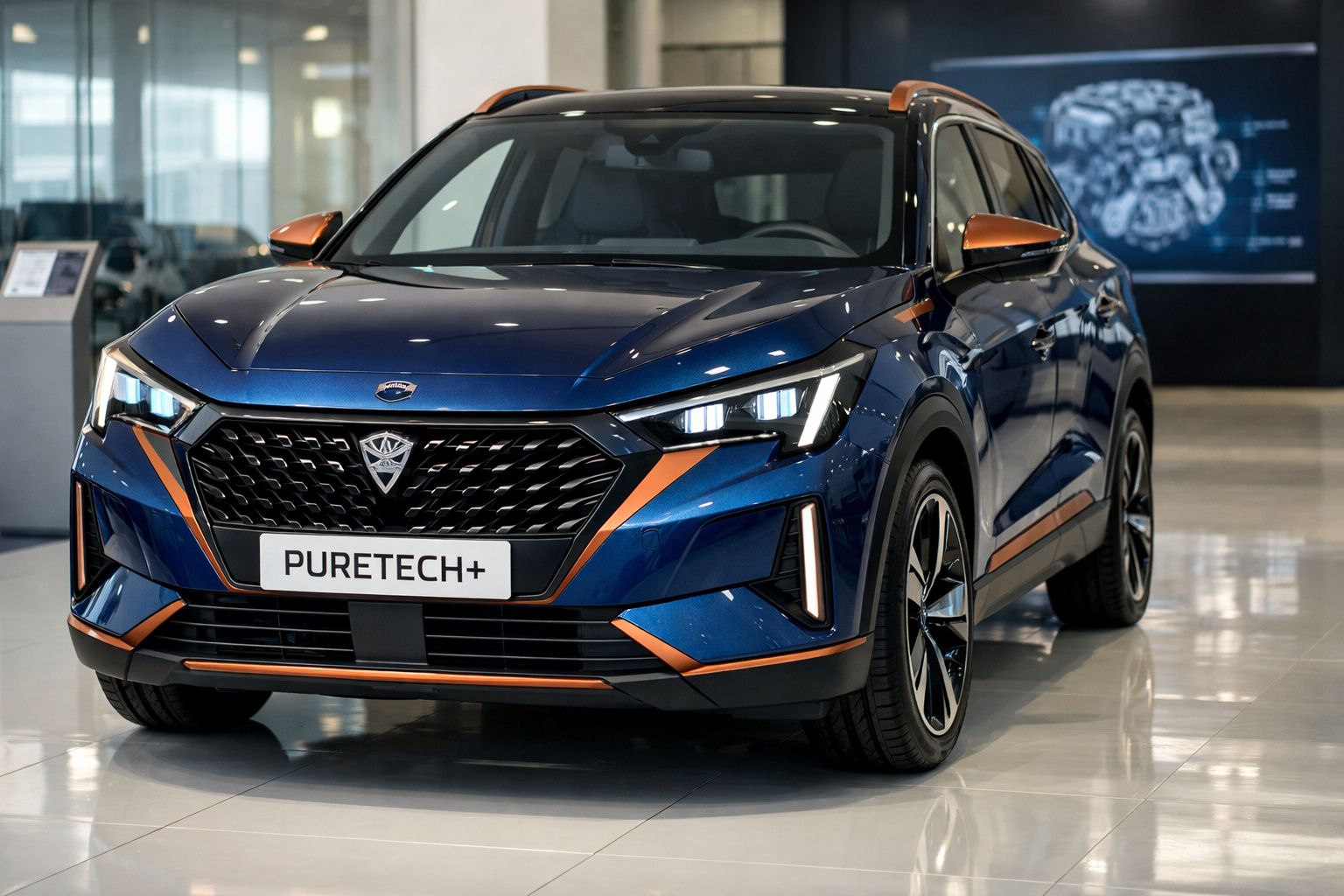 Carro SUV azul metálico com detalhes em laranja exposto em showroom moderno e iluminado.