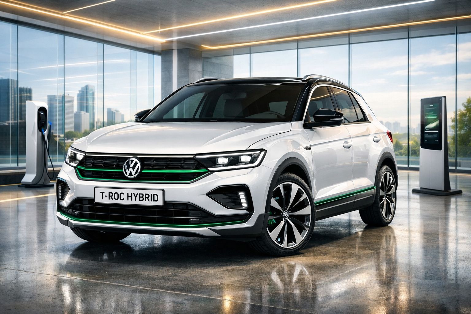 Carro VW T-Roc Hybrid branco estacionado em ambiente moderno com pontos de recarga elétrica ao fundo.