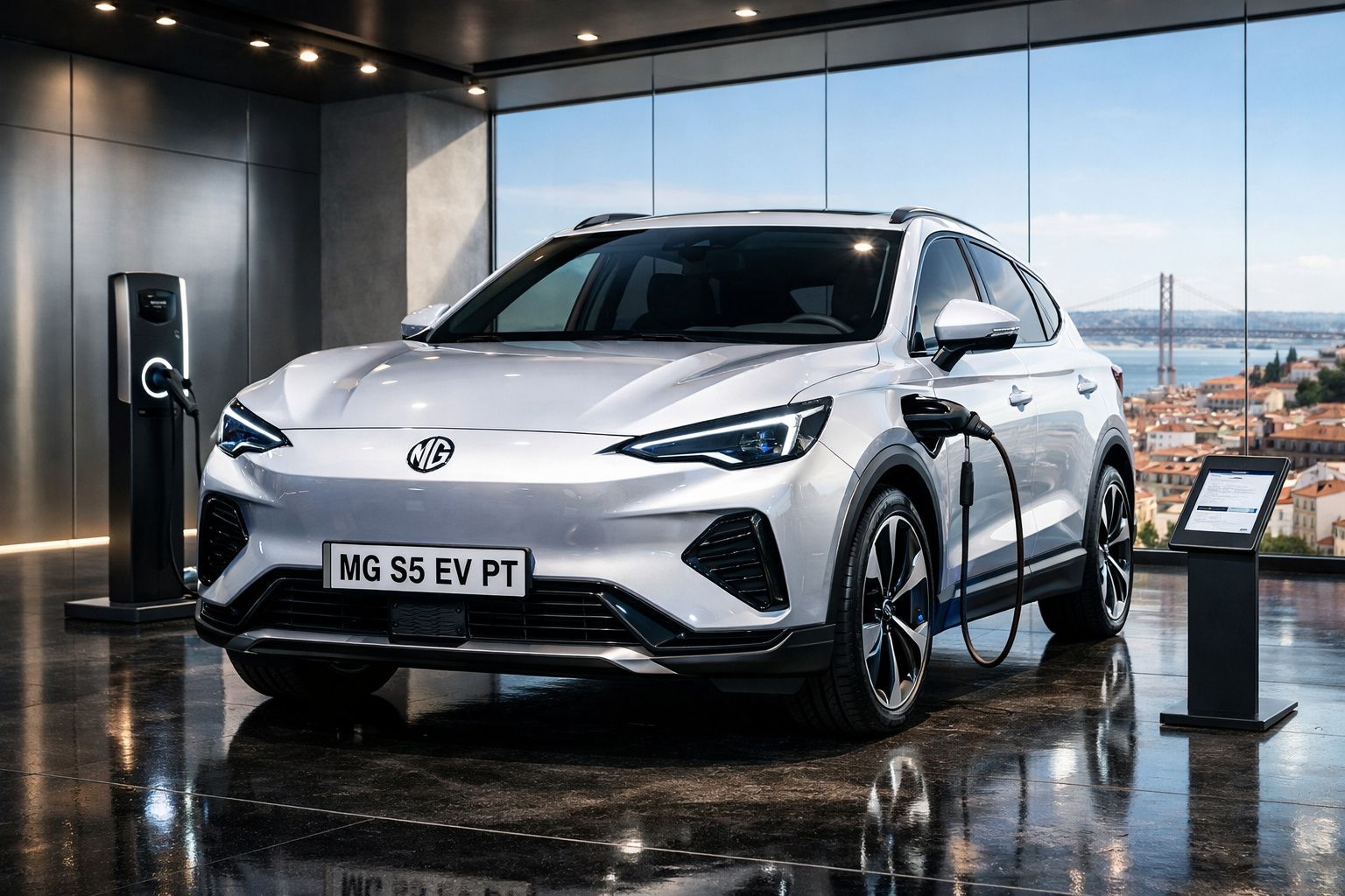Carro elétrico branco MG S5 EV carregando em estação interna com vista panorâmica da cidade ao fundo.