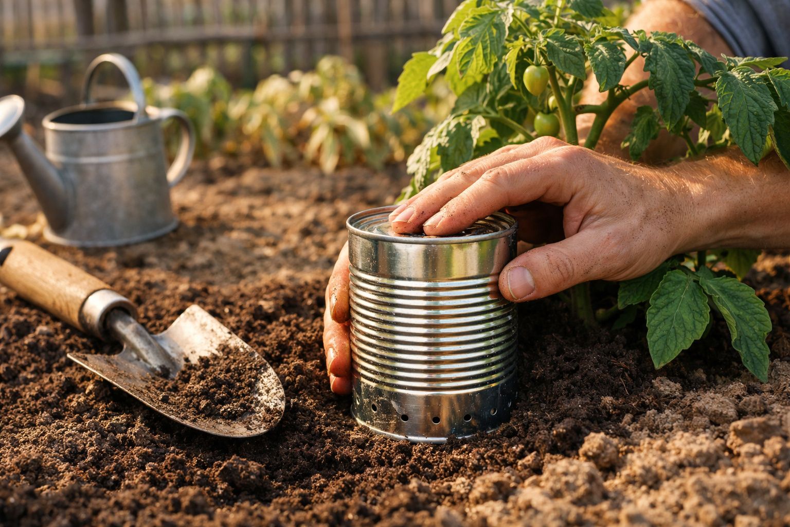 Mãos fazendo um vaso com lata furada para plantar tomate em solo fértil, com regador e pá ao lado.
