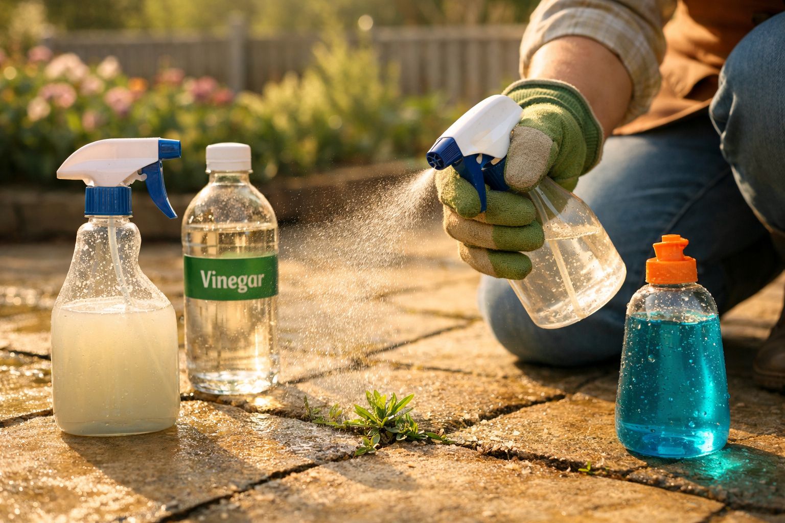 Pessoa com luva borrifando solução caseira sobre erva daninha entre pedras de calçada.