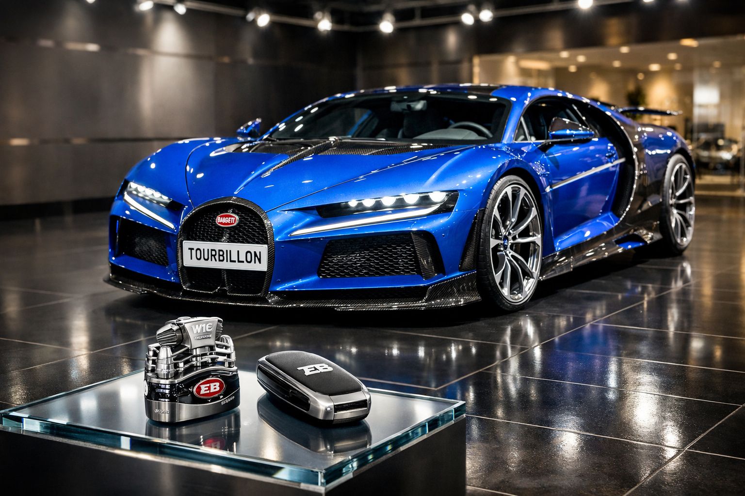 Carro esportivo azul Bugatti com chave e miniatura do motor em exposição interna.