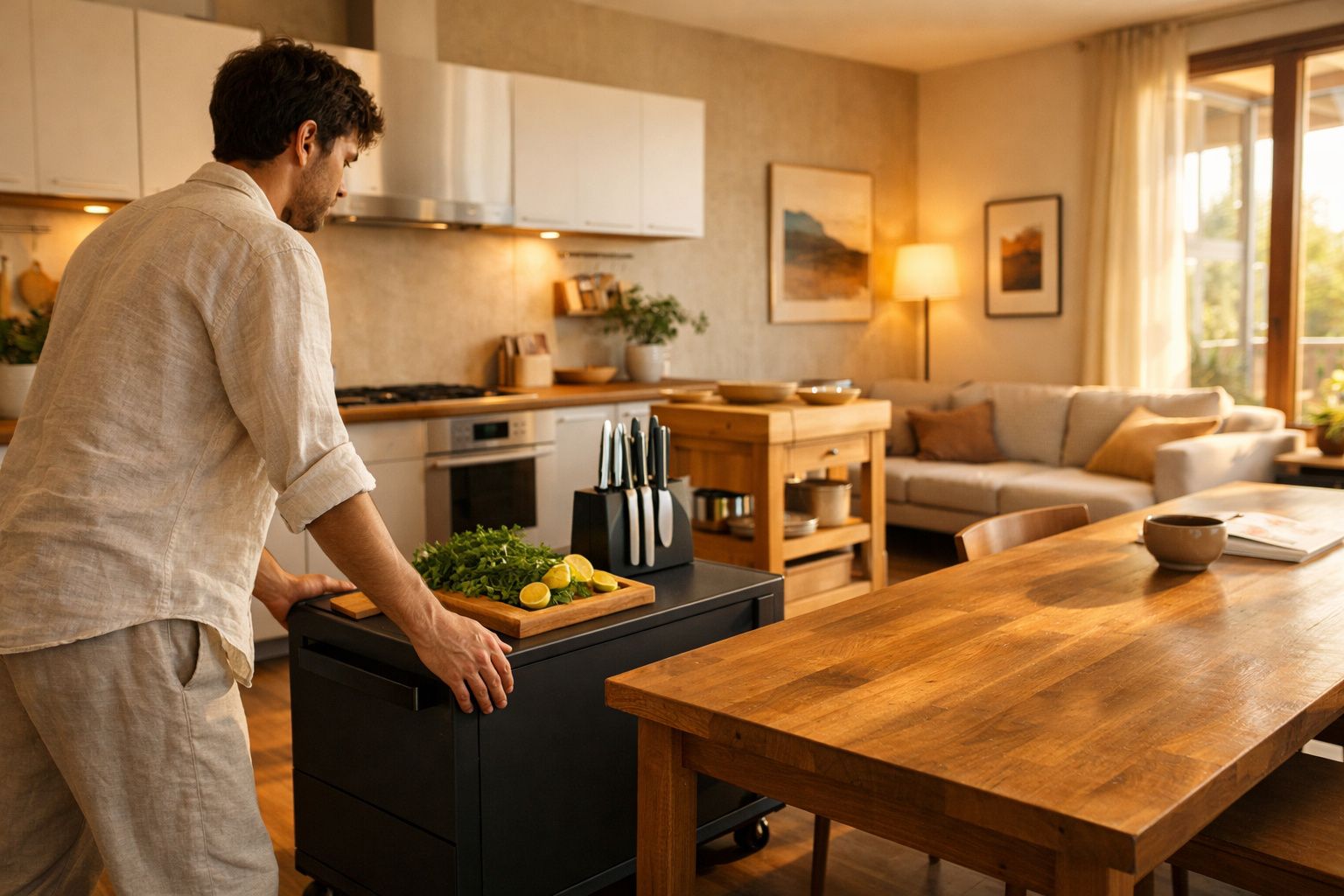 Homem preparando alimentos em cozinha moderna integrada com bancada de madeira e sala iluminada.