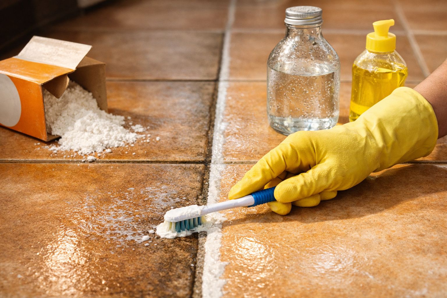 Pessoa com luva amarela limpando rejunte de piso com escova, bicarbonato de sódio e garrafas de líquidos ao fundo.
