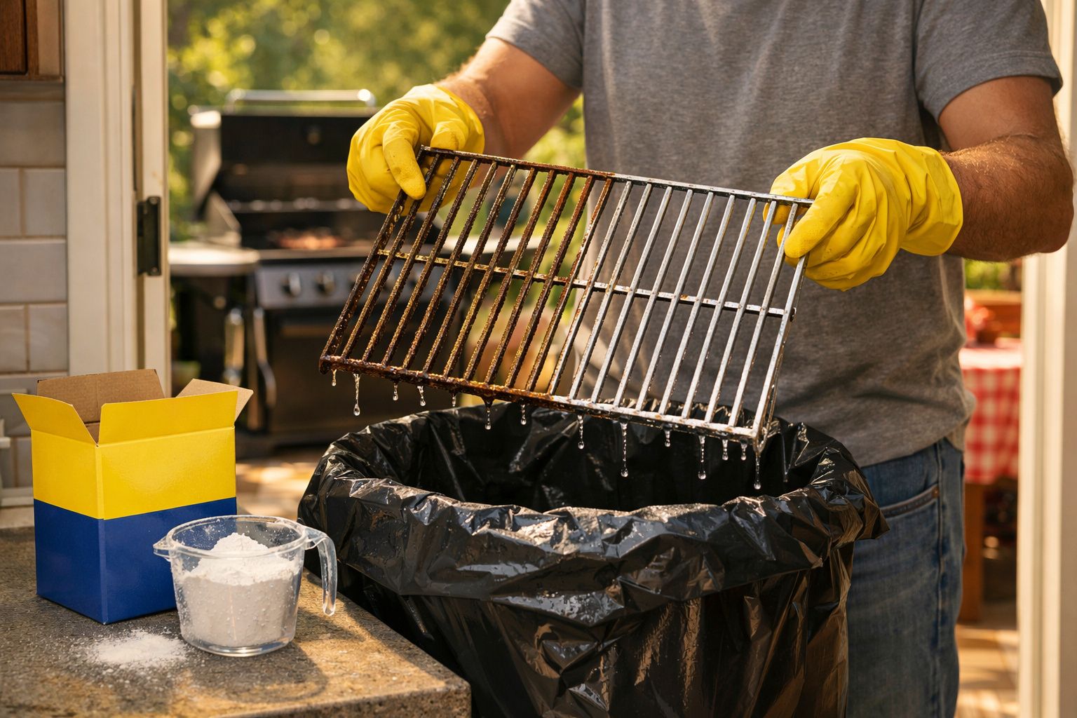 Pessoa com luvas amarelas limpando grelha de churrasqueira molhada sobre saco de lixo preto.