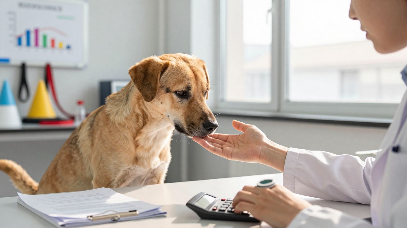 Veterinário acariciando o focinho de um cachorro bege durante consulta em clínica veterinária.
